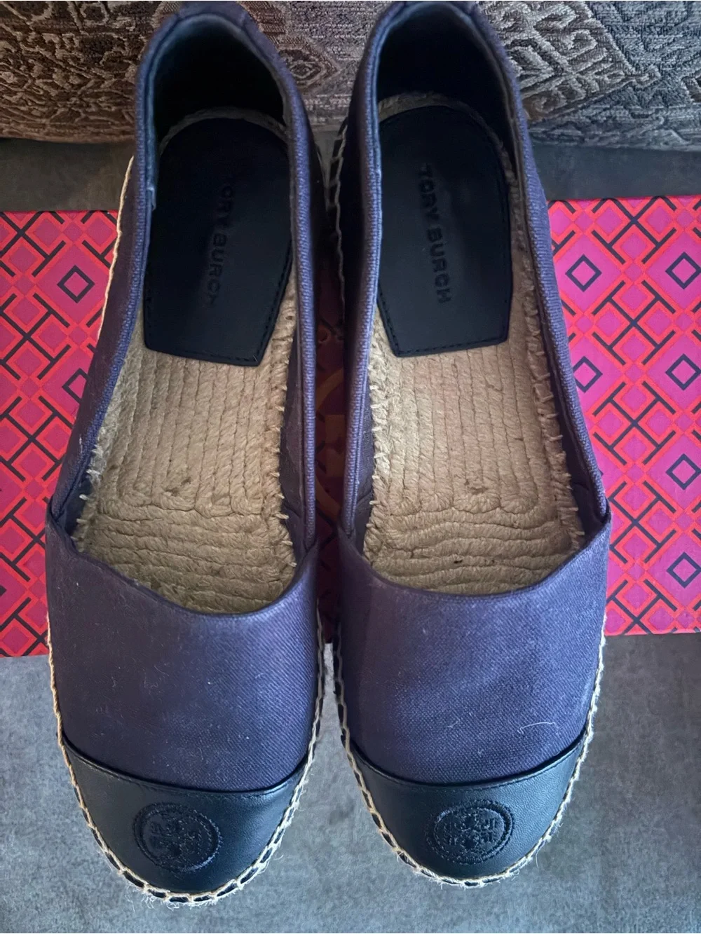 Tory Burch Navy Canvas Espadrille Flats with Black Logo Cap